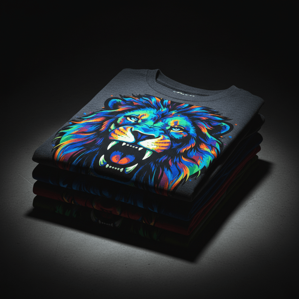 Stack of custom printed t-shirts showing vibrant designs