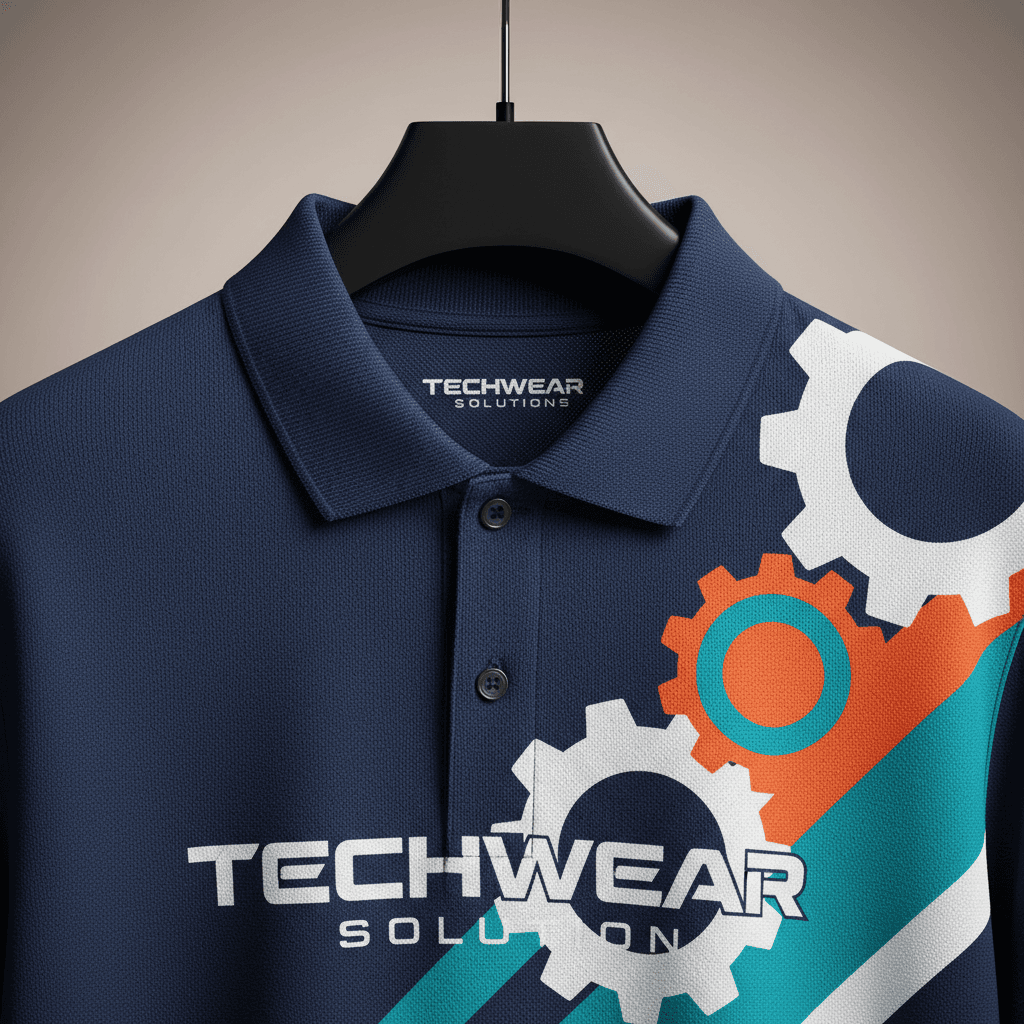 Custom printed polo shirt or work uniform on hanger showing print detail