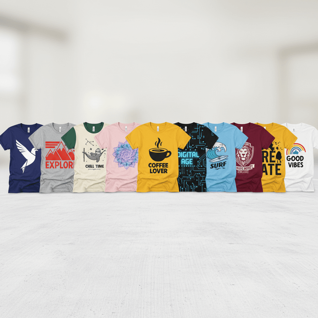 Multiple custom-printed t-shirt designs displayed together showing color variety