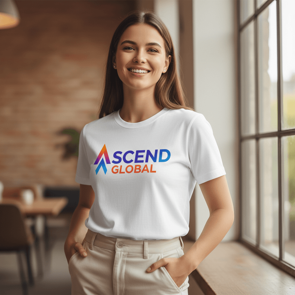 Woman wearing custom printed white t-shirt with company logo