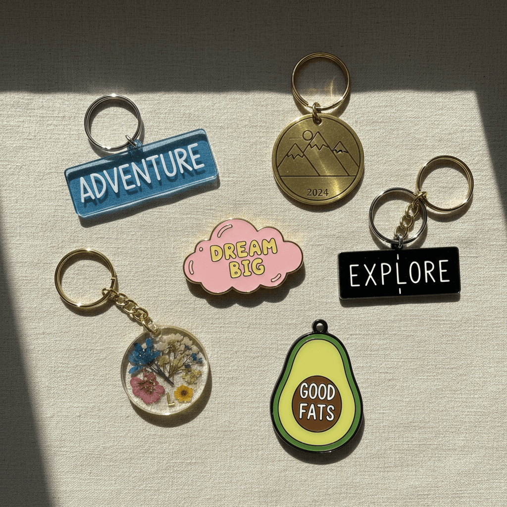 Assorted custom printed keychains arranged on flat surface