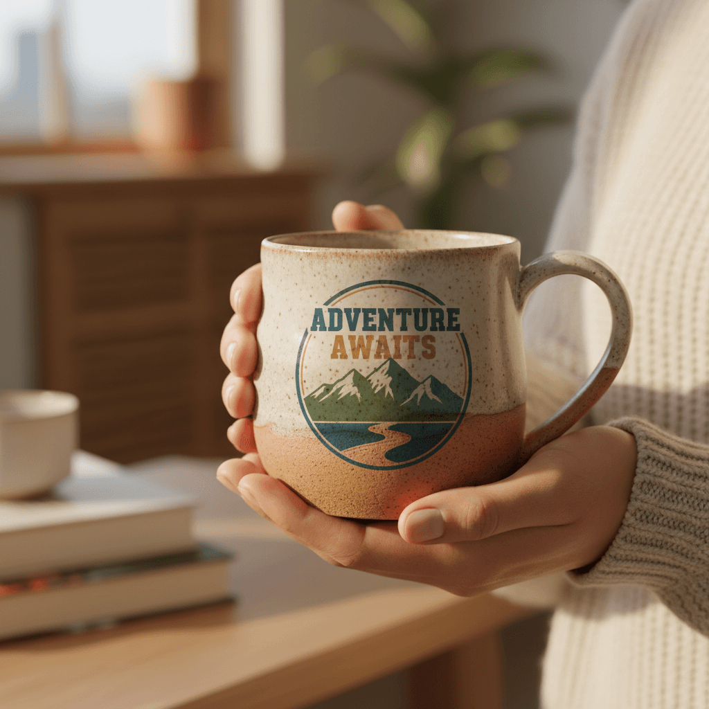 Custom ceramic mug with printed design held in hands
