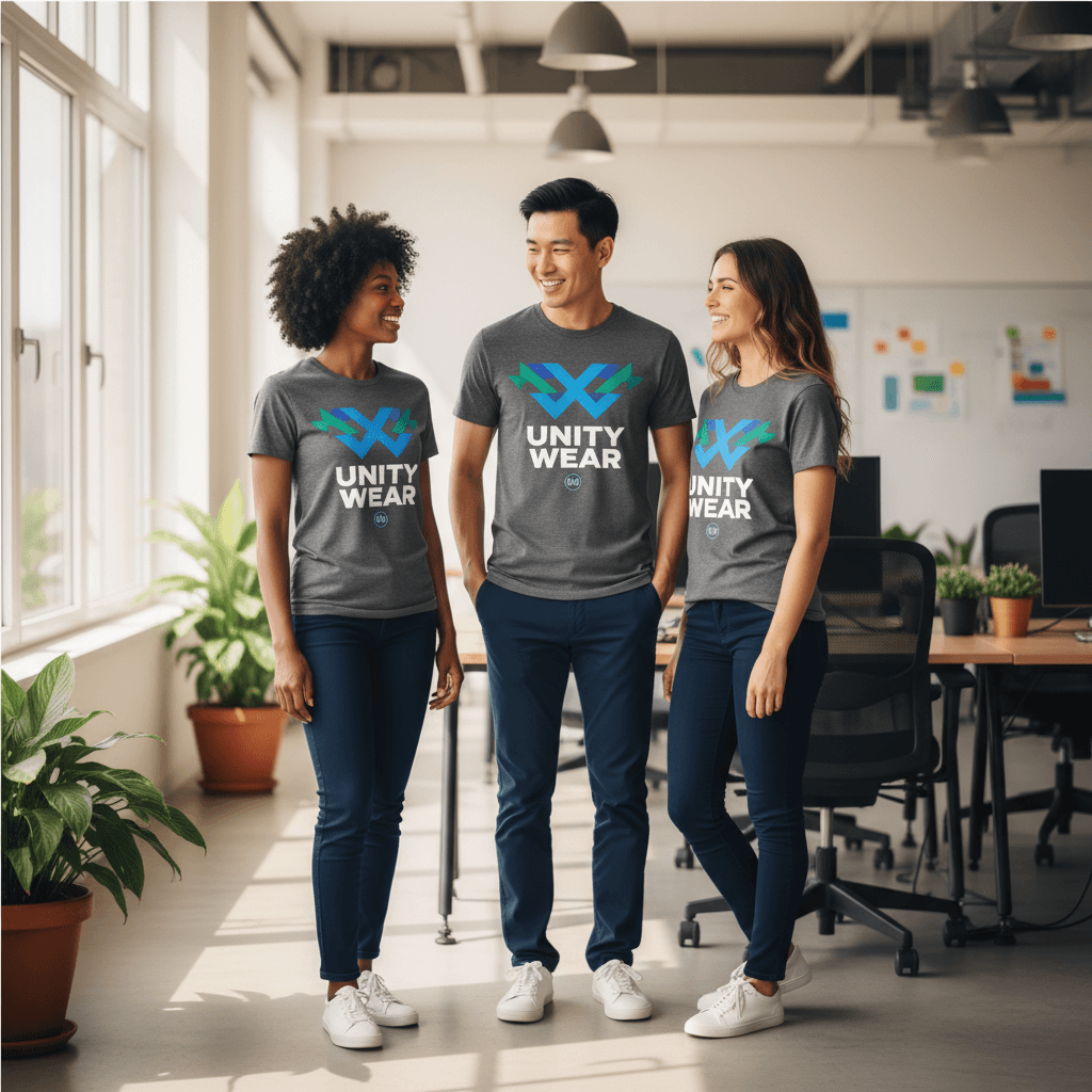 Team of employees wearing matching custom printed uniforms in office