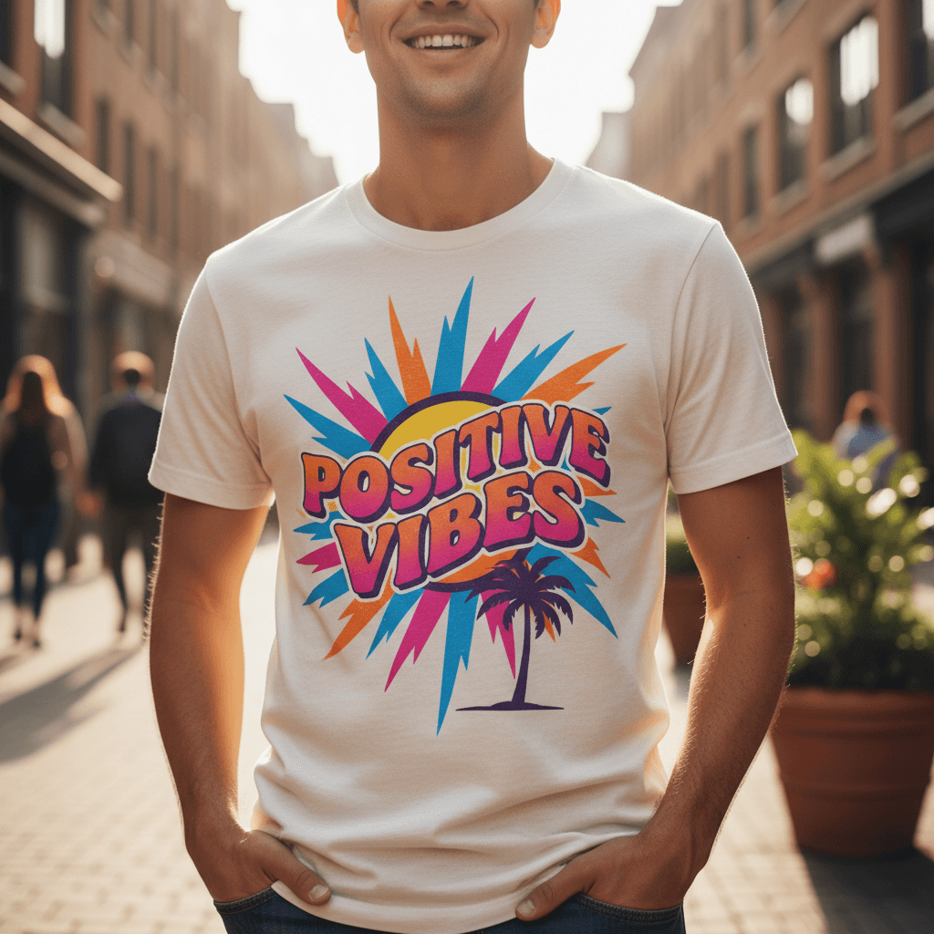 Custom-printed t-shirt with vibrant graphic design worn naturally