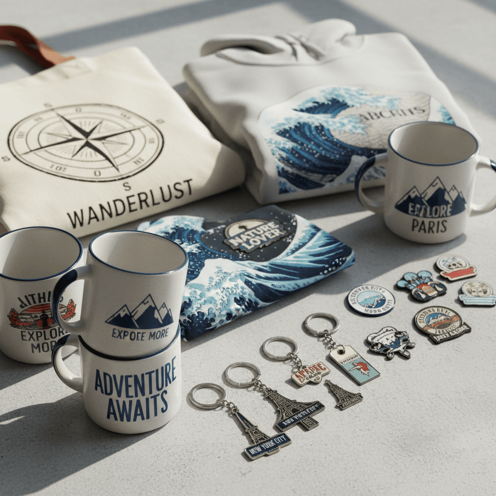 Complete collection of Ericka Louise Custom Print souvenir and apparel items displayed together