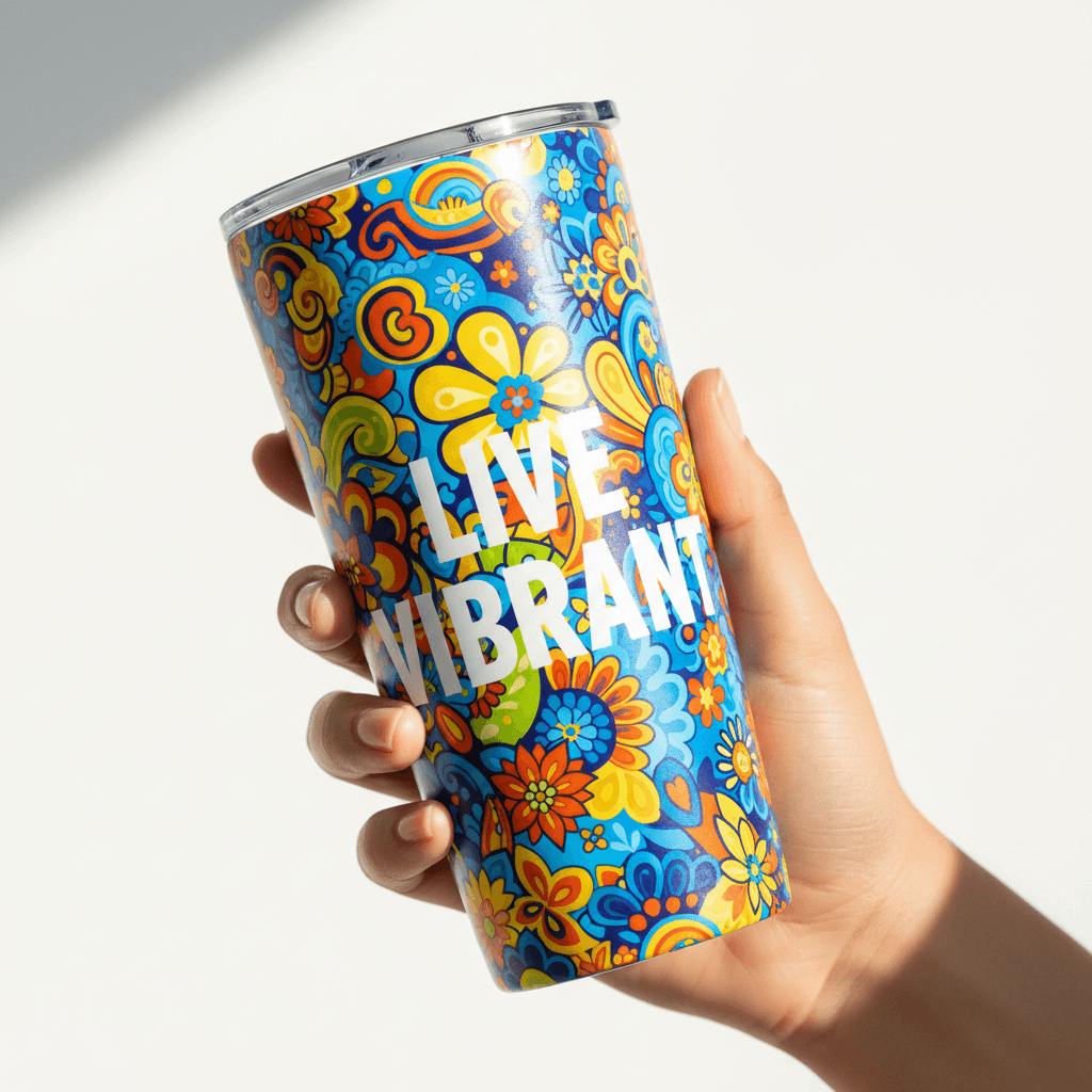 Hands displaying a custom printed tumbler with vibrant digital artwork