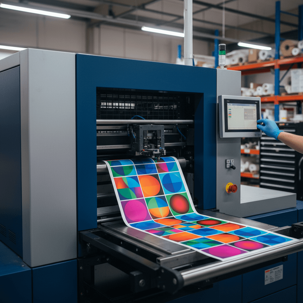 Digital printing machine producing custom designs in vibrant colors