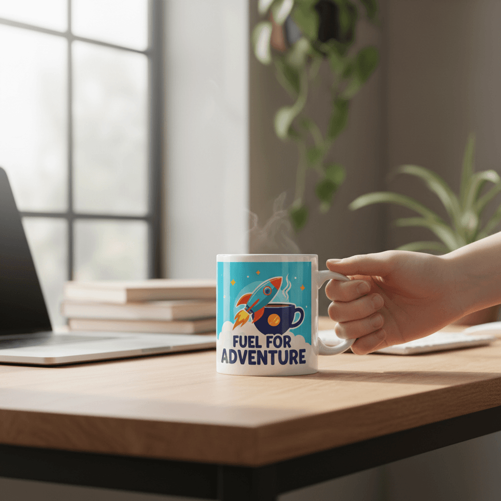 Custom printed mug being placed in a workspace