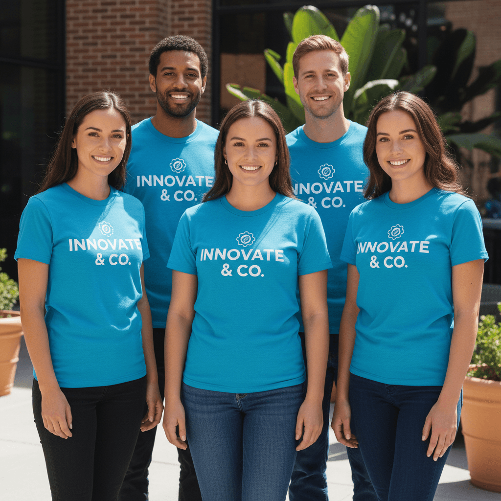 Team wearing matching custom-printed company t-shirts outdoors