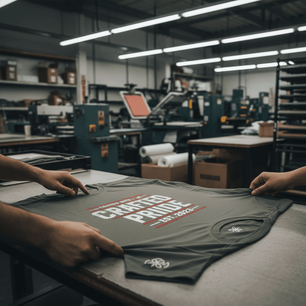 Quality inspection of custom-printed apparel in workshop setting