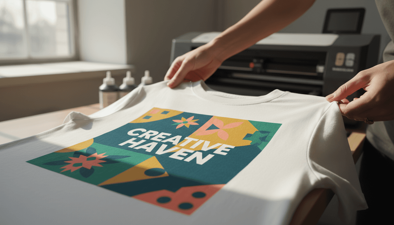 Close-up of hands examining a custom-printed t-shirt for quality