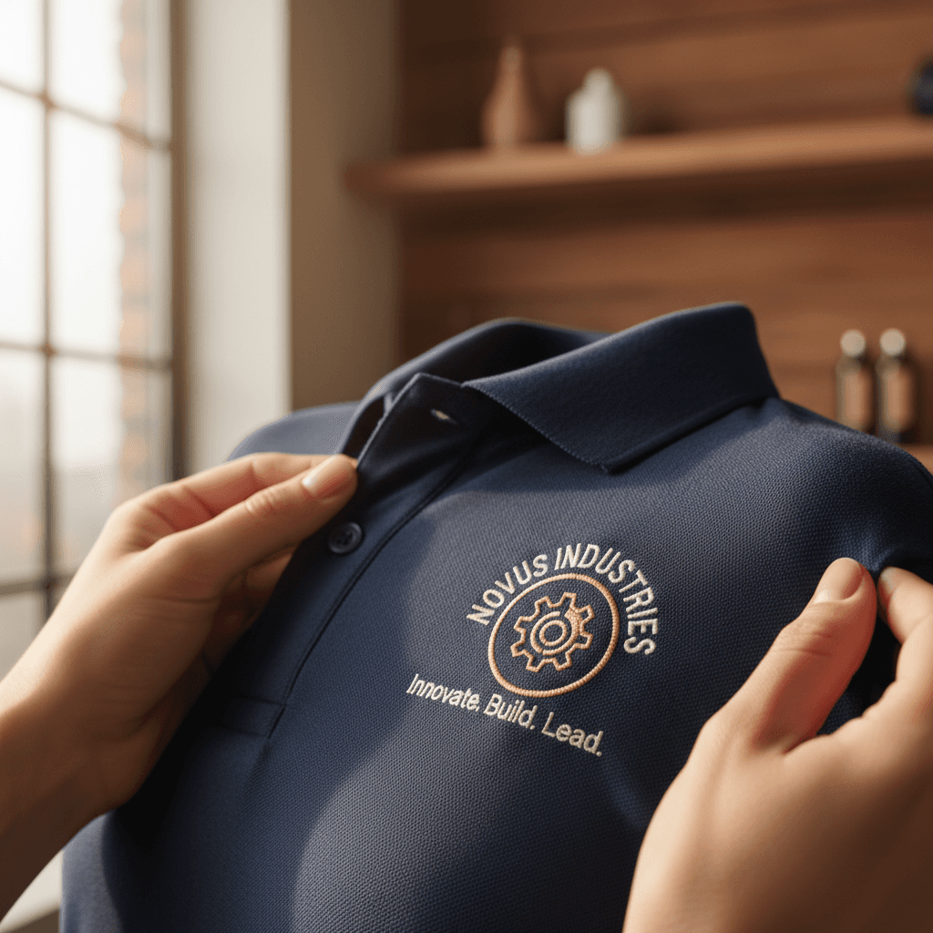 Close-up of custom corporate uniform polo shirt with logo