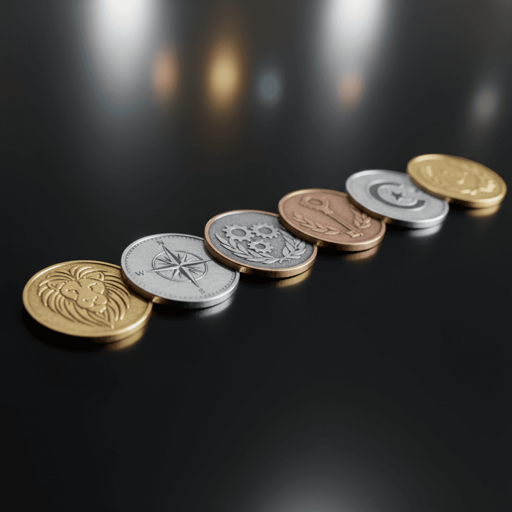Row of custom metal tokens and coins with distinct designs
