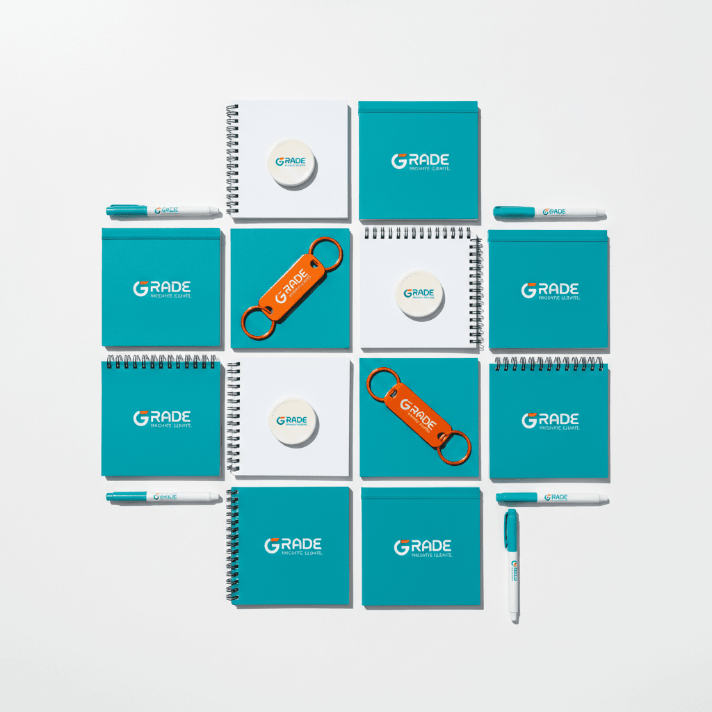 Collection of branded corporate giveaway tokens and items