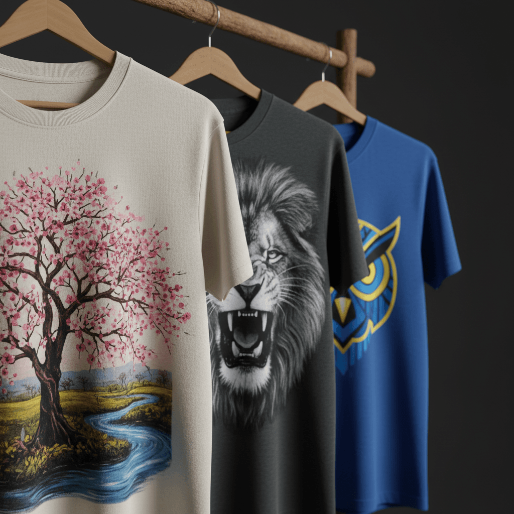 Three custom printed t-shirts on display showing different design styles