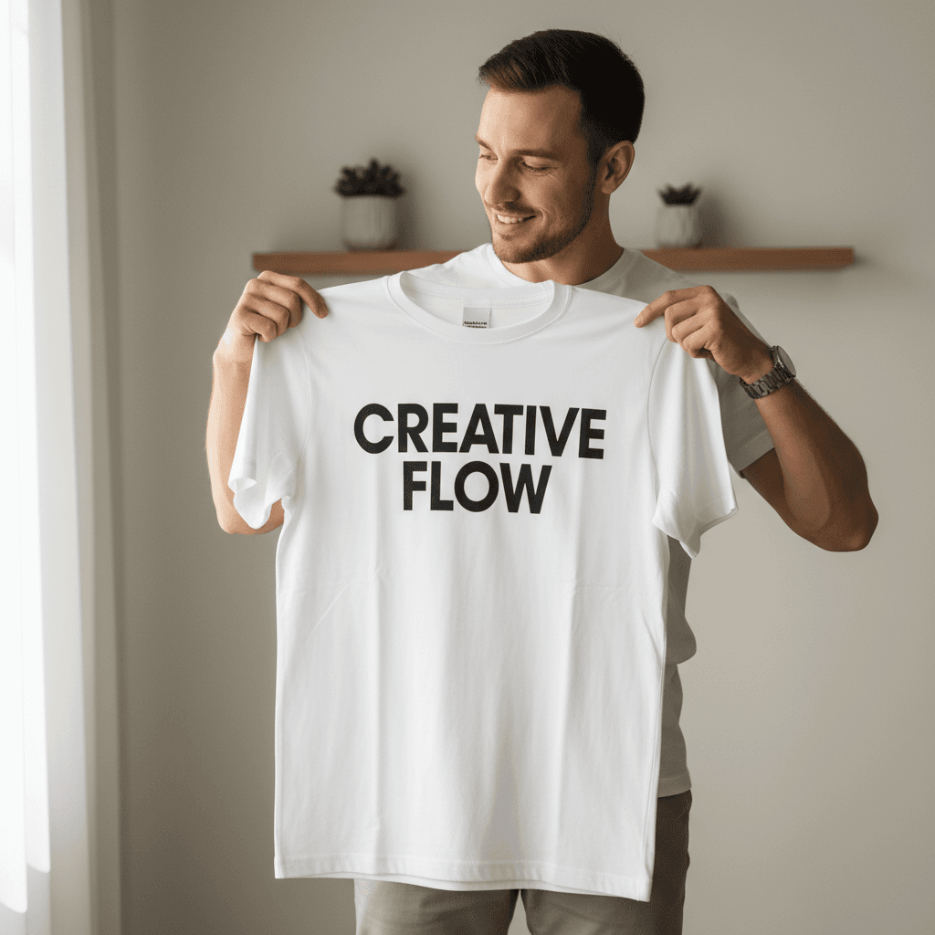 Person examining quality of custom printed t-shirt they received
