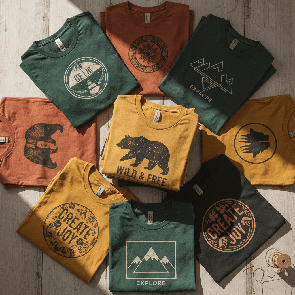 Stack of multiple custom printed t-shirts in different colors