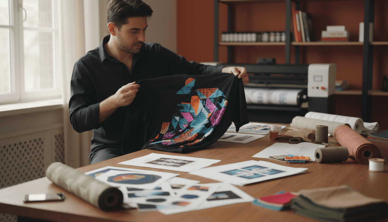 Ericka Louise Custom Print team member reviewing custom printed samples with natural light