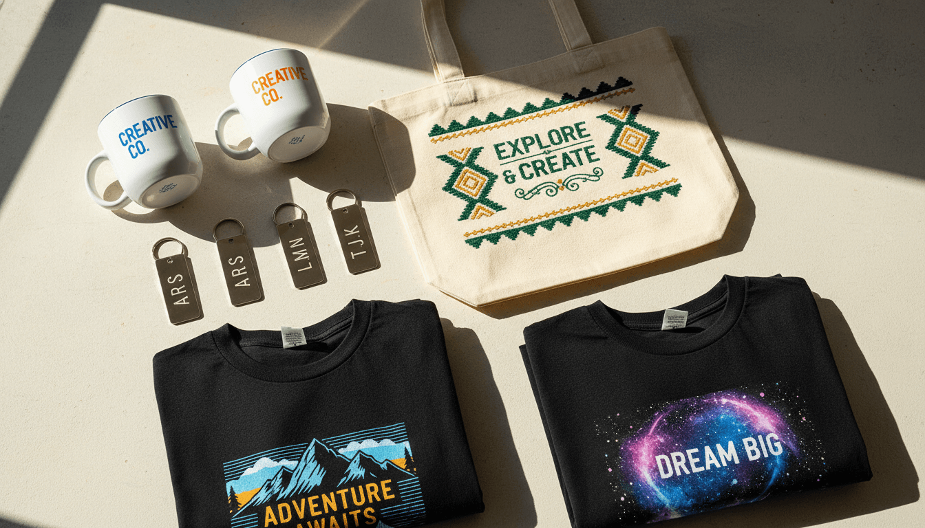 Custom printed mugs, keychains, tote bags, and branded apparel from Ericka Louise Custom Print