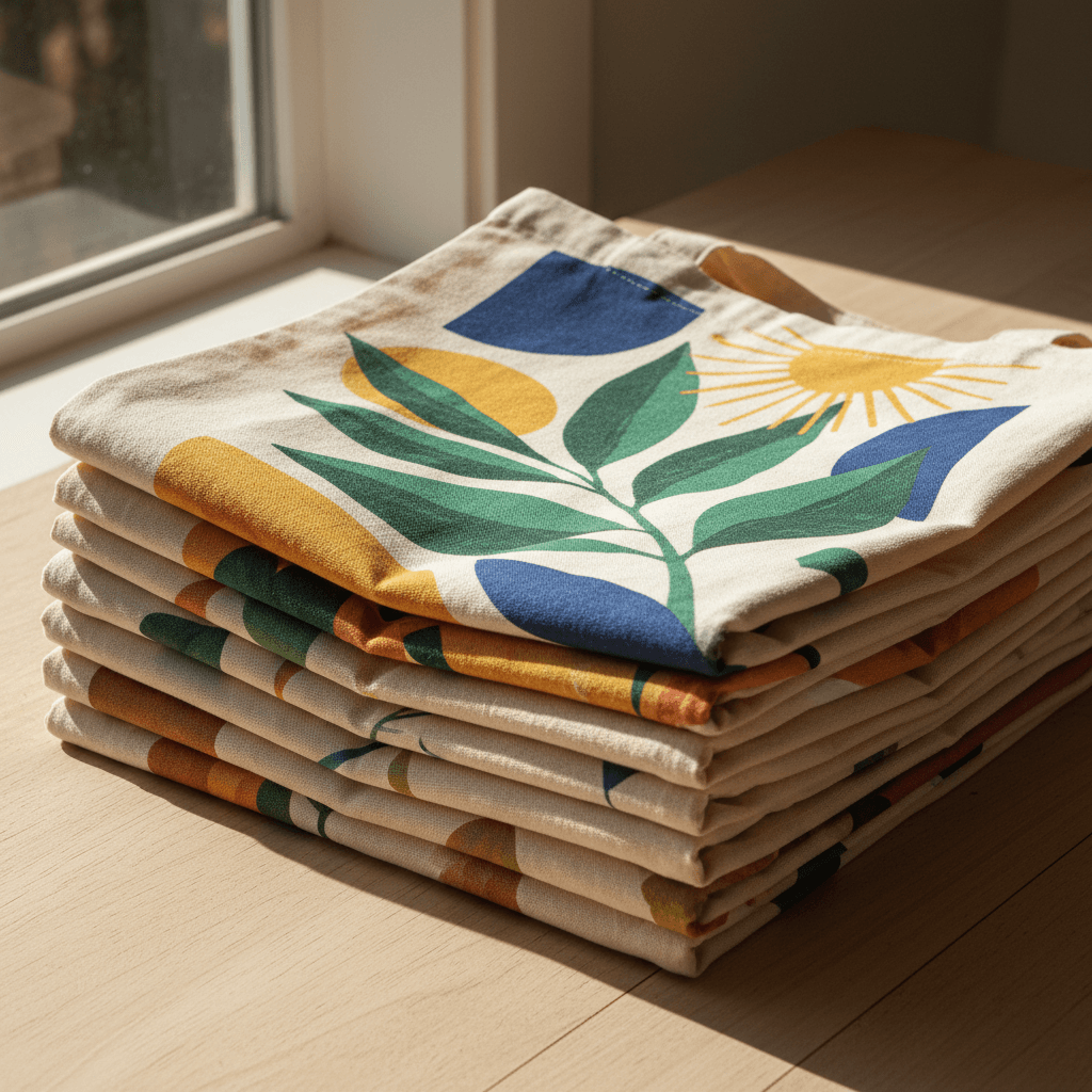 Stack of custom printed organic cotton tote bags with bold designs