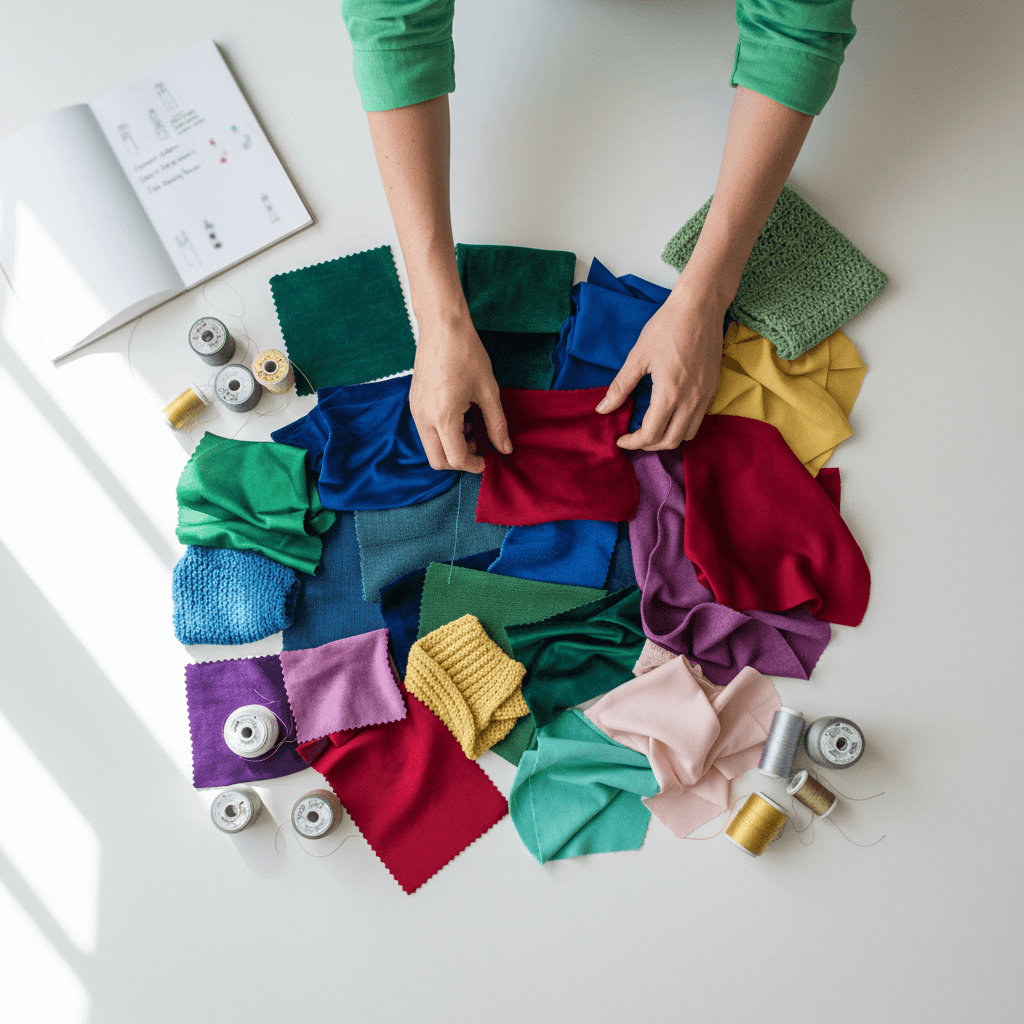 Designer selecting fabric colors and materials for custom apparel