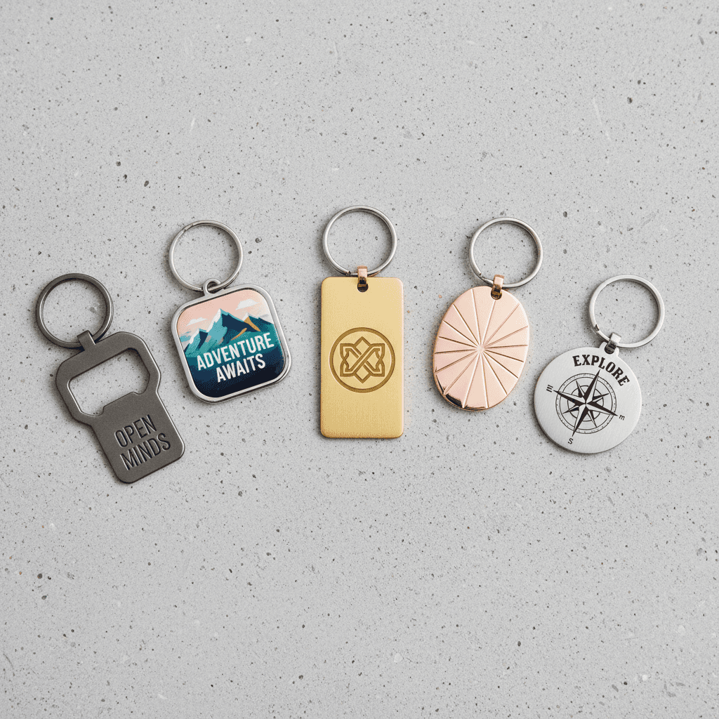 Assortment of custom printed metal keychains with various designs