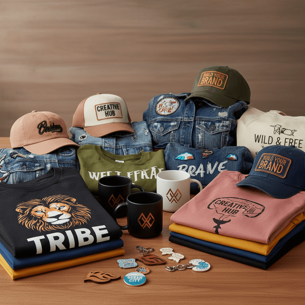 Array of completed custom souvenir and apparel products