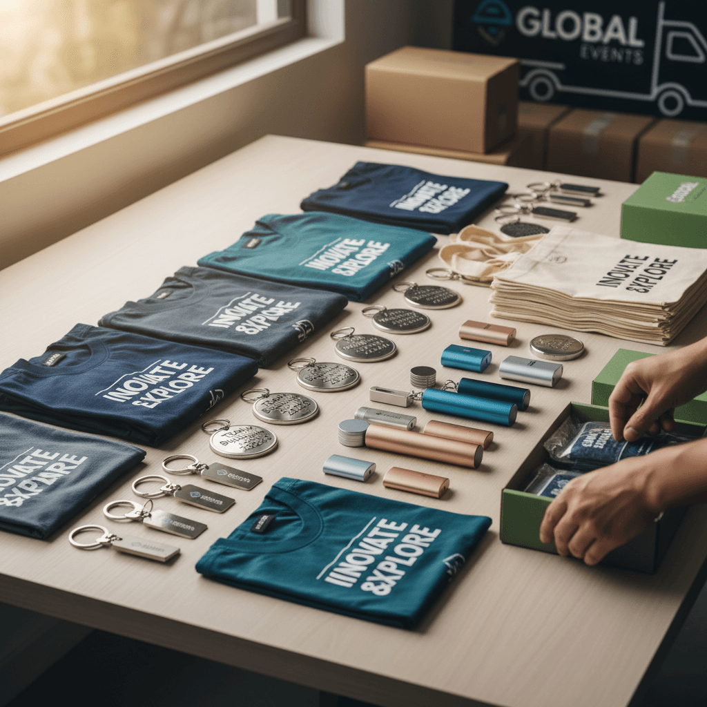 Completed custom souvenirs and apparel ready for delivery
