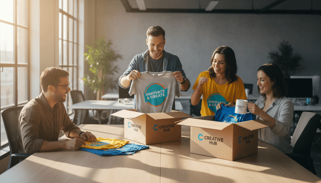 Team unboxing high-quality custom printed apparel and souvenirs